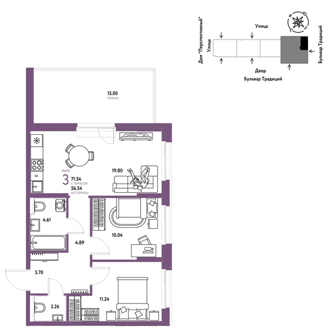Планировка 3-комн. квартира, 71.54 м² ЖК «Микрорайон Домашний» Планировка 3-комн. квартира, 71.54 м² ЖК «Микрорайон Домашний»