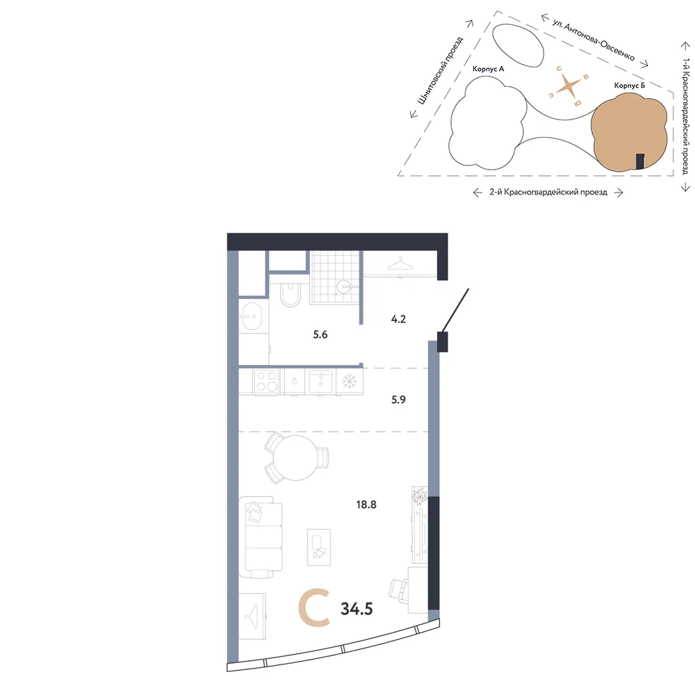 Планировка Студия, 34.5 м² ЖК «АУРУС Резиденции»