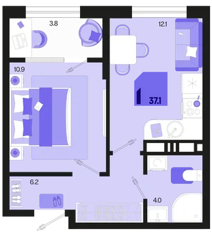 Планировка 1-комн. квартира, 37.1 м² ЖК «Первое место»