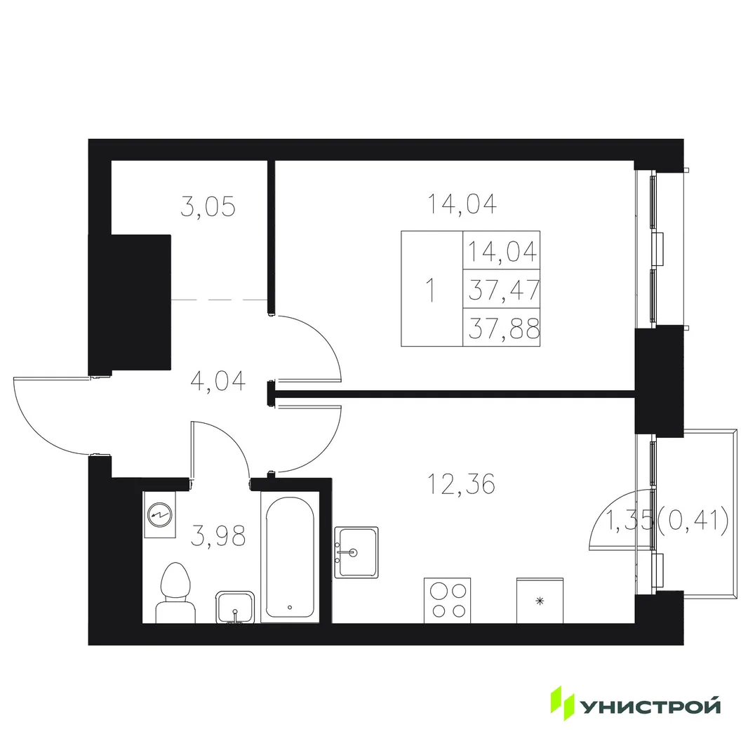 Планировка 1-комн. квартира, 37.88 м² ЖК «Statum»