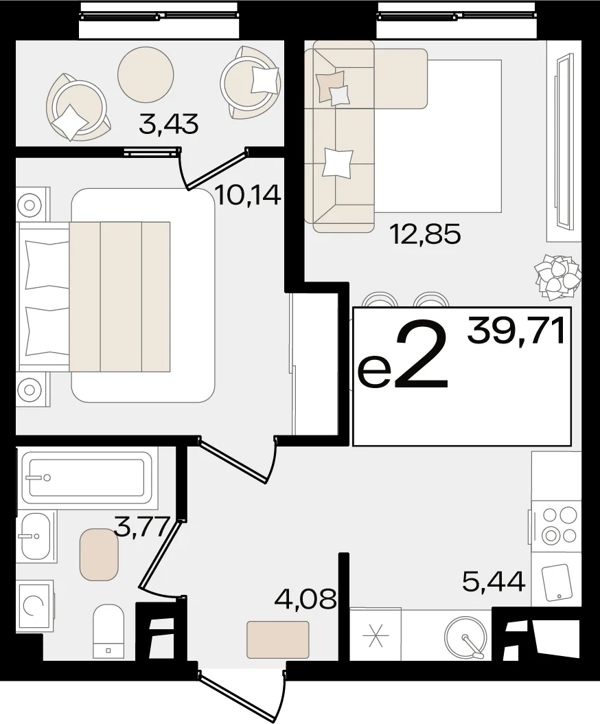 Планировка 2-комн. квартира, 39.71 м² ЖК «Патрики»