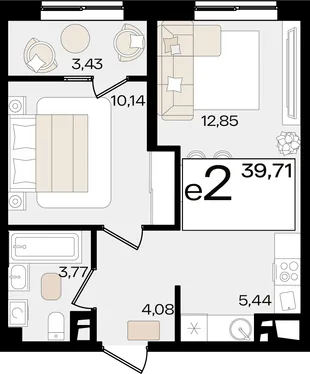 Планировка 2-комн. квартира, 39.71 м² ЖК «Патрики»