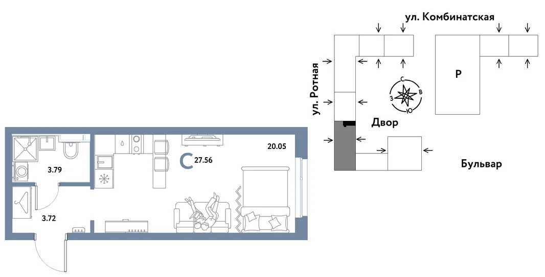 Планировка Студия, 27.42 м² ЖК «Уральский сад»