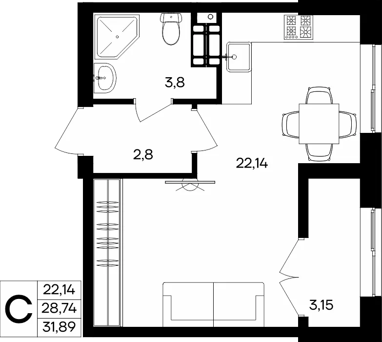 Планировка Студия, 31.89 м² ЖК «Семисчастье»