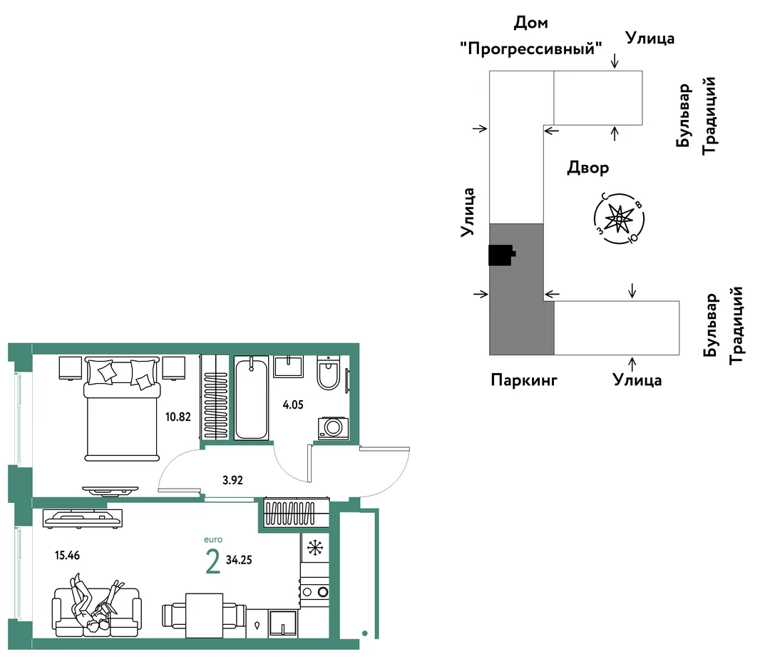 Планировка 2-комн. квартира, 34.25 м² ЖК «Микрорайон Домашний»