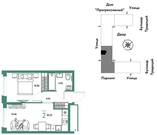 Планировка 2-комн. квартира, 34.25 м² ЖК «Микрорайон Домашний»