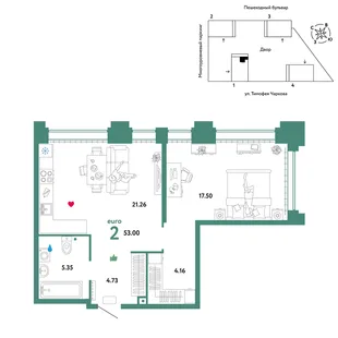 Планировка 2-комн. квартира, 53 м² ЖК «Микрорайон Звездный»
