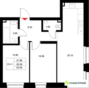 Планировка 2-комн. квартира, 53.59 м² ЖК «Уникод на Технической»