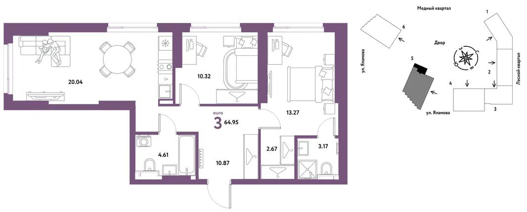Планировка 3-комн. квартира, 64.95 м² ЖК «Сибирский сад»