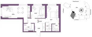 Планировка 3-комн. квартира, 64.95 м² ЖК «Сибирский сад»