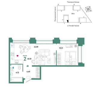 Планировка 2-комн. квартира, 41.51 м² ЖК «Микрорайон Звездный»