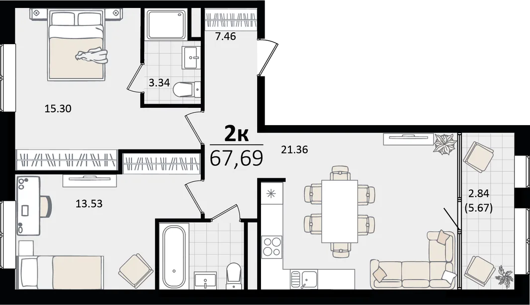 Планировка 2-комн. квартира, 67.69 м² ЖК «Патрики»