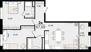 Планировка 2-комн. квартира, 67.69 м² ЖК «Патрики»