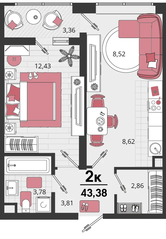 Планировка 2-комн. квартира, 43.38 м² ЖК «Родные просторы»
