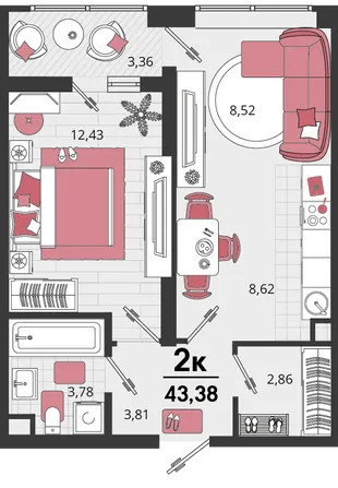 Планировка 2-комн. квартира, 43.38 м² ЖК «Родные просторы»