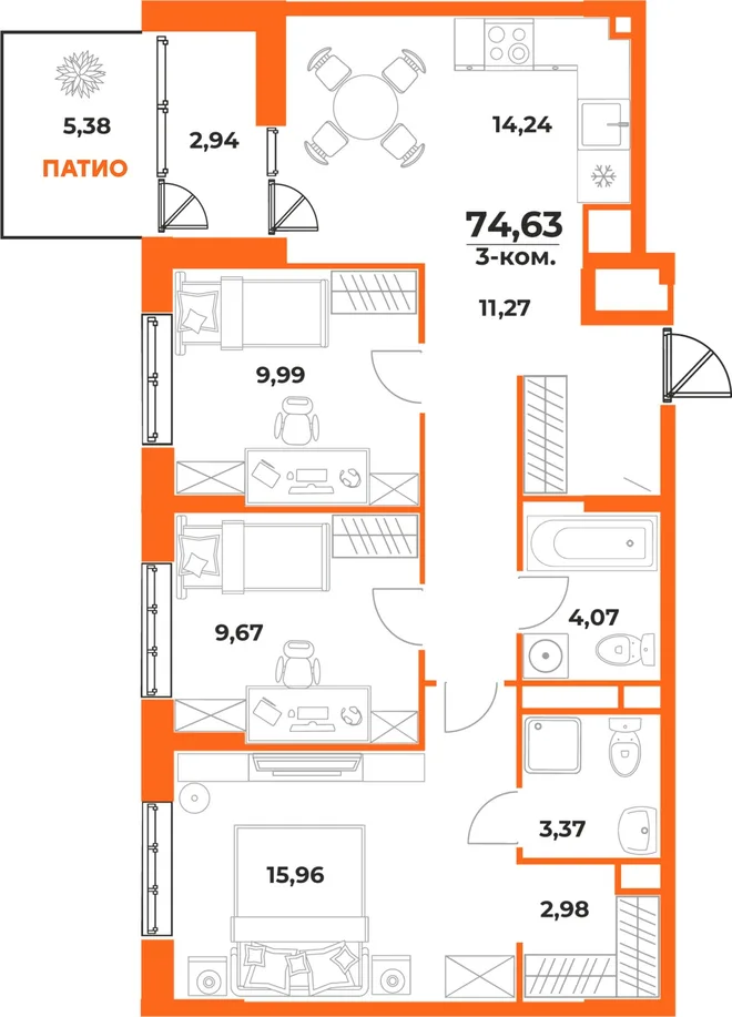 Планировка 3-комн. квартира, 74.63 м² ЖК «Живописный сад» Планировка 3-комн. квартира, 74.63 м² ЖК «Живописный сад»