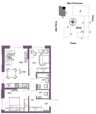 Планировка 3-комн. квартира, 54.7 м² ЖК «Европейский берег 2.0»