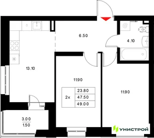 Планировка 2-комн. квартира, 49 м² ЖК «Уникод на Технической»
