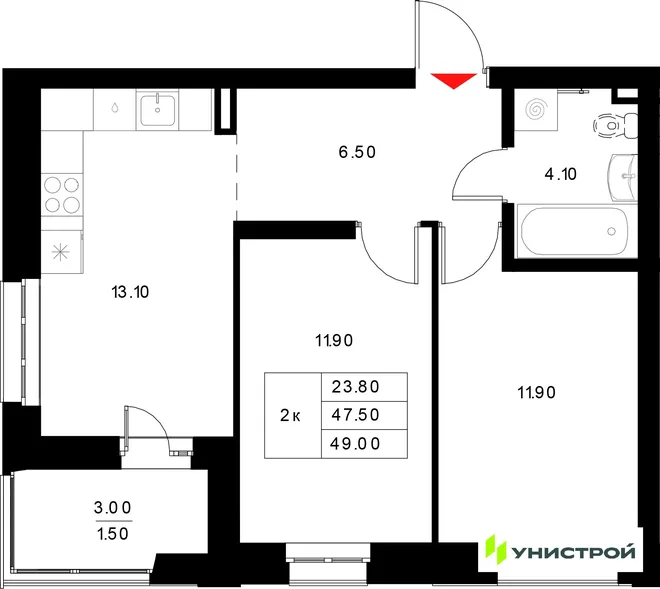 Планировка 2-комн. квартира, 49 м² ЖК «Уникод на Технической» Планировка 2-комн. квартира, 49 м² ЖК «Уникод на Технической»