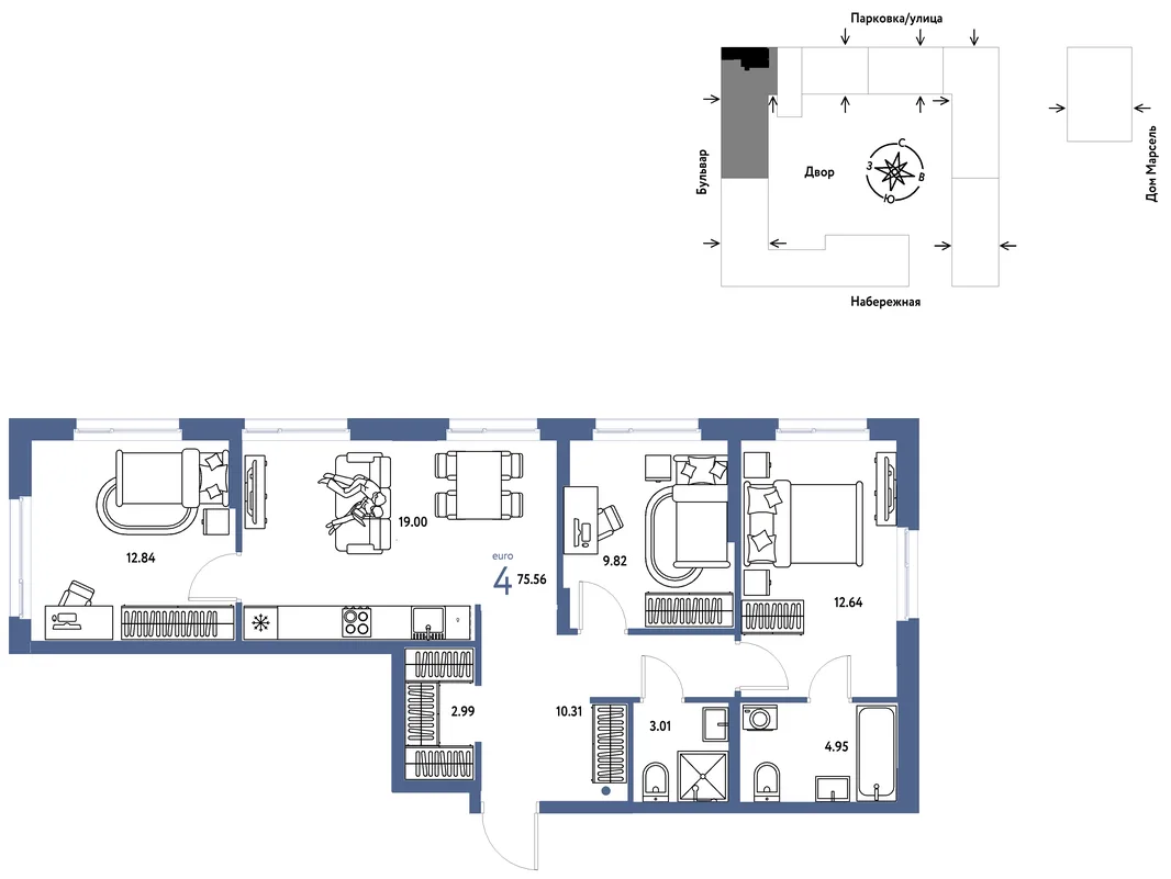 Планировка 4-комн. квартира, 75.56 м² ЖК «Европейский берег 2.0»