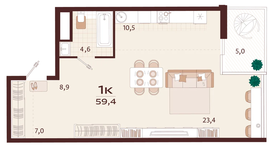 Планировка 1-комн. квартира, 59.4 м² ЖК «Роялта»