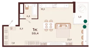 Планировка 1-комн. квартира, 59.4 м² ЖК «Роялта»