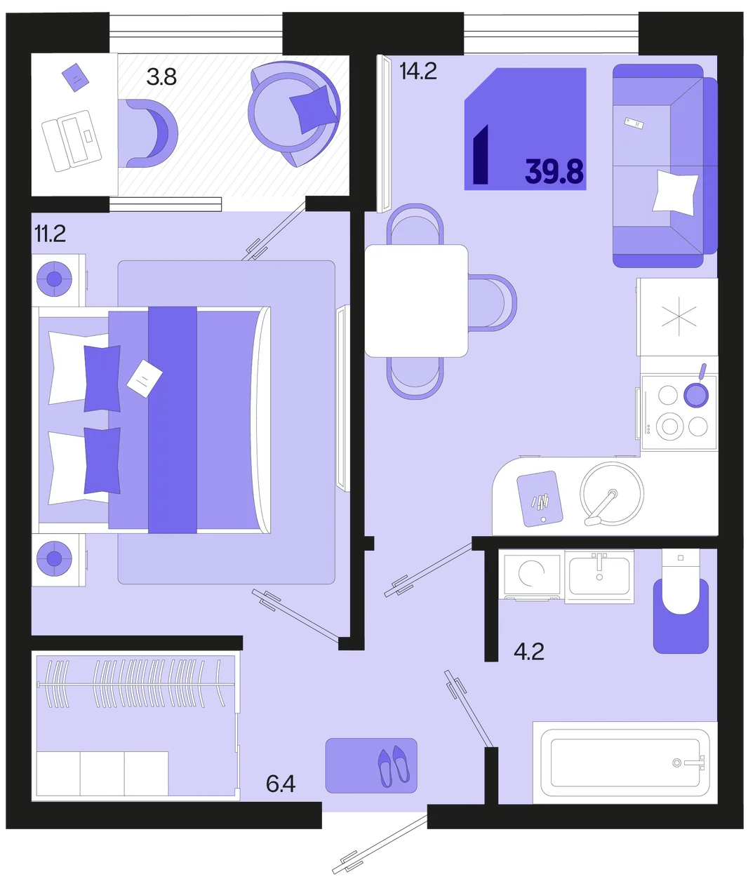 Планировка 1-комн. квартира, 39.8 м² ЖК «Первое место»