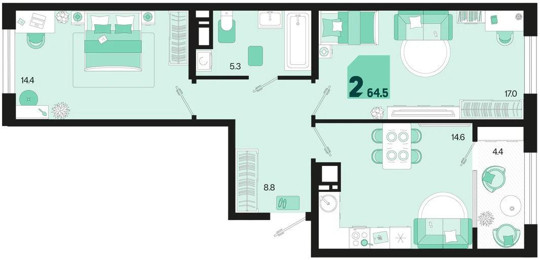 Планировка 2-комн. квартира, 64.5 м² ЖК «Первое место»
