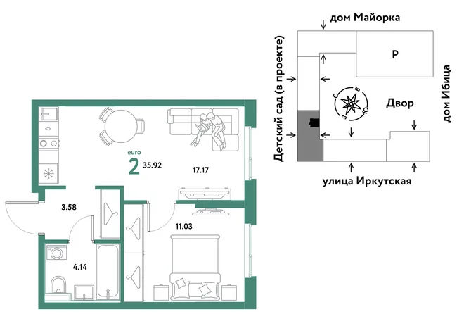 Планировка 2-комн. квартира, 35.92 м² ЖК «Остров-сад» Планировка 2-комн. квартира, 35.92 м² ЖК «Остров-сад»