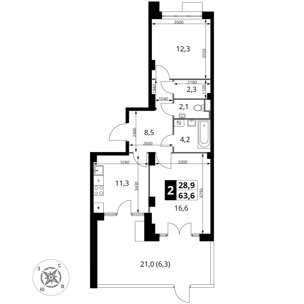 Планировка 2-комн. квартира, 63.5 м² ЖК «Южная Битца»