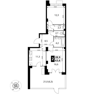 Планировка 2-комн. квартира, 63.5 м² ЖК «Южная Битца»
