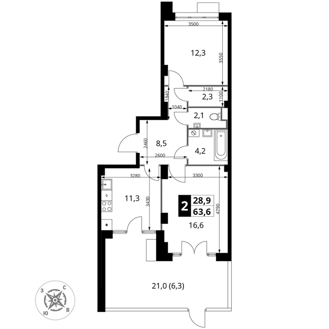 Планировка 2-комн. квартира, 63.5 м² ЖК «Южная Битца» Планировка 2-комн. квартира, 63.5 м² ЖК «Южная Битца»