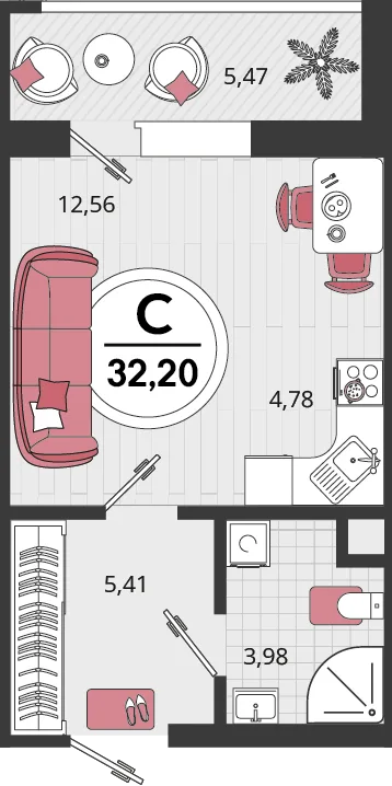 Планировка 1-комн. квартира, 32.2 м² ЖК «Родные просторы»
