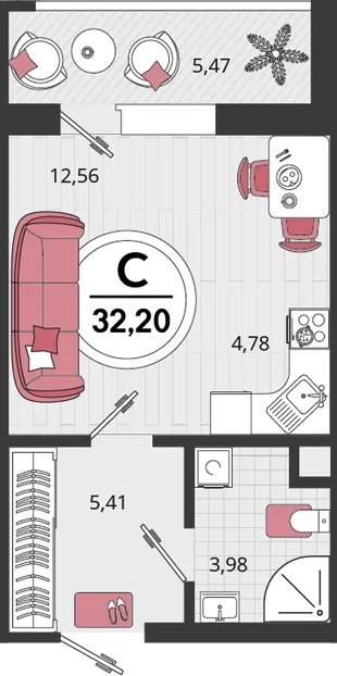 Планировка 1-комн. квартира, 32.2 м² ЖК «Родные просторы»