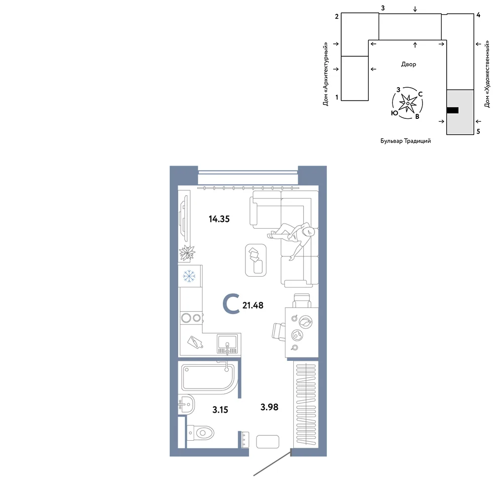 Планировка Студия, 21.48 м² ЖК «Микрорайон Домашний»