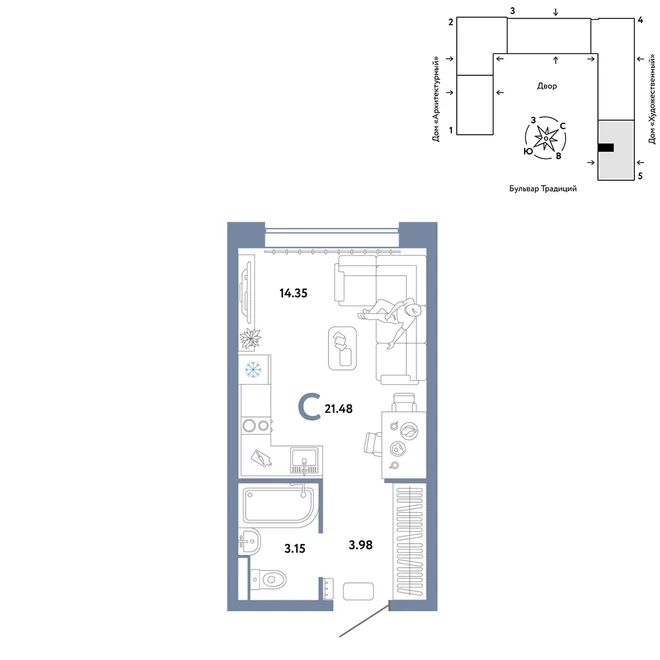 Планировка Студия, 21.48 м² ЖК «Микрорайон Домашний»