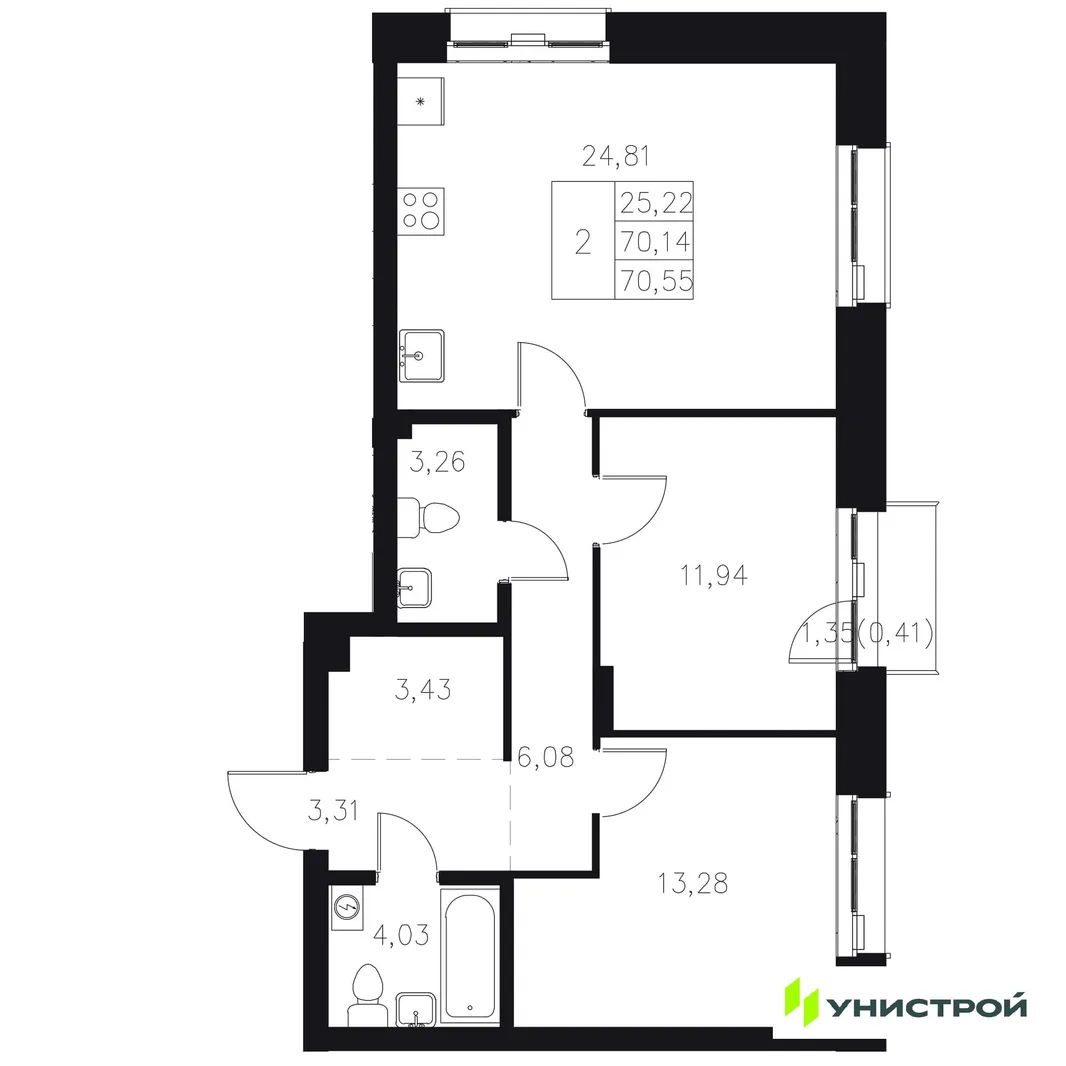 Планировка 2-комн. квартира, 70.55 м² ЖК «Statum»