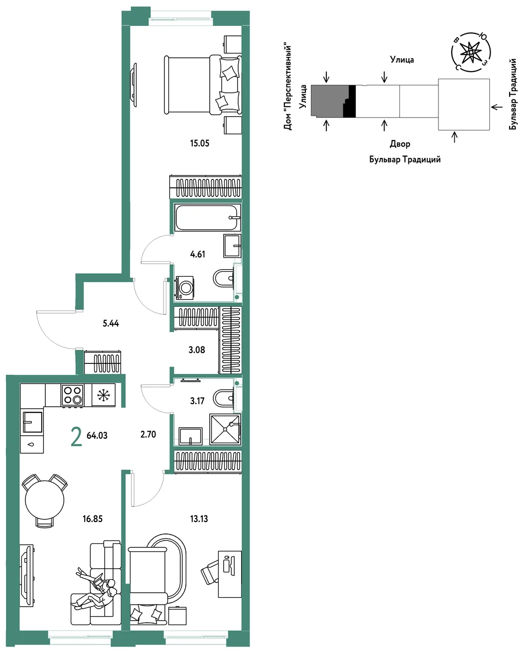Планировка 2-комн. квартира, 64.03 м² ЖК «Микрорайон Домашний»