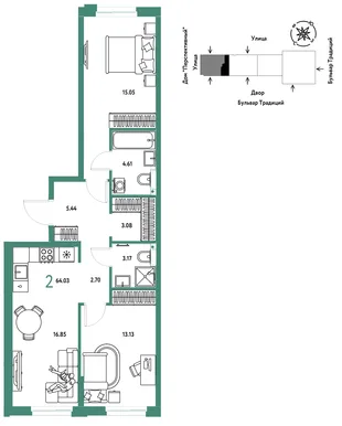 Планировка 2-комн. квартира, 64.03 м² ЖК «Микрорайон Домашний»