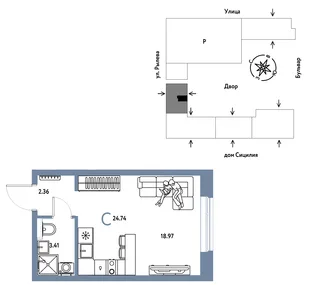 Планировка Студия, 24.74 м² ЖК «Остров-сад»