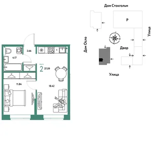 Планировка 2-комн. квартира, 37.09 м² ЖК «Европейский берег 2.0»