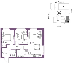 Планировка 3-комн. квартира, 57.99 м² ЖК «Европейский берег 2.0»