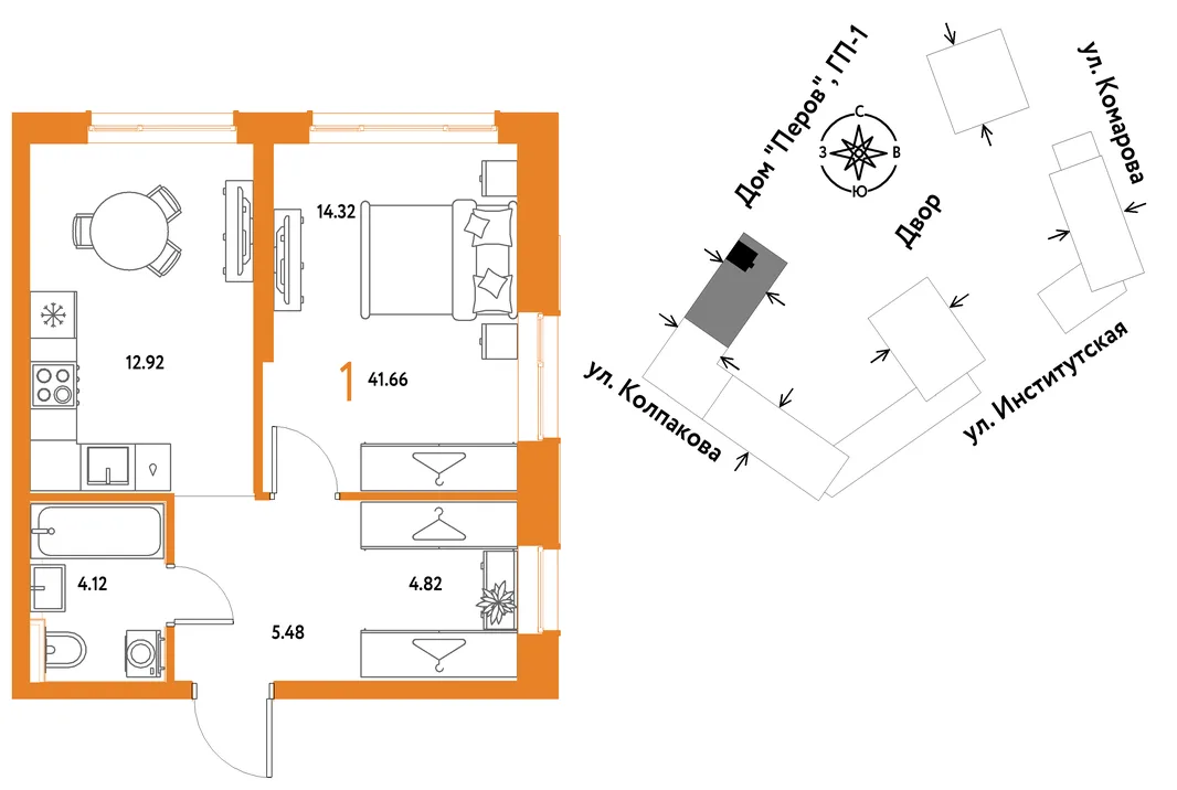 Планировка 1-комн. квартира, 41.66 м² ЖК «Страна.Парковая»