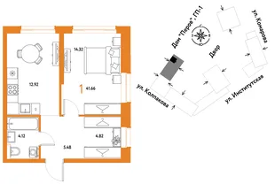 Планировка 1-комн. квартира, 41.66 м² ЖК «Страна.Парковая»