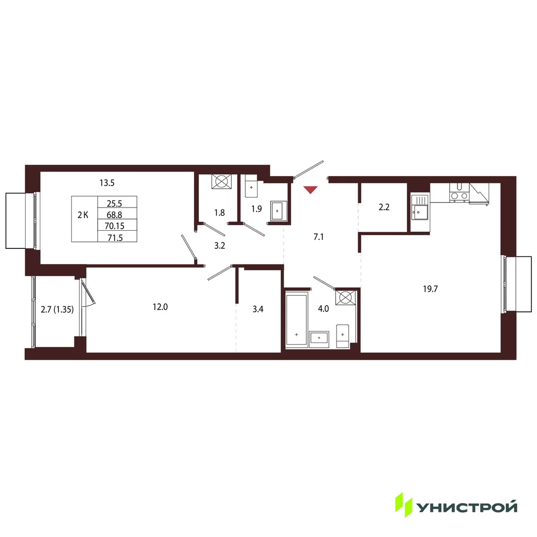 Планировка 2-комн. квартира, 70.15 м² ЖК «Лисино»