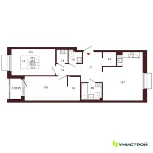 Планировка 2-комн. квартира, 70.15 м² ЖК «Лисино»