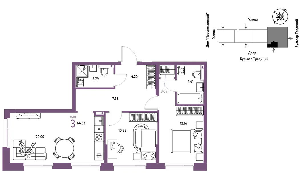 Планировка 3-комн. квартира, 64.64 м² ЖК «Микрорайон Домашний»