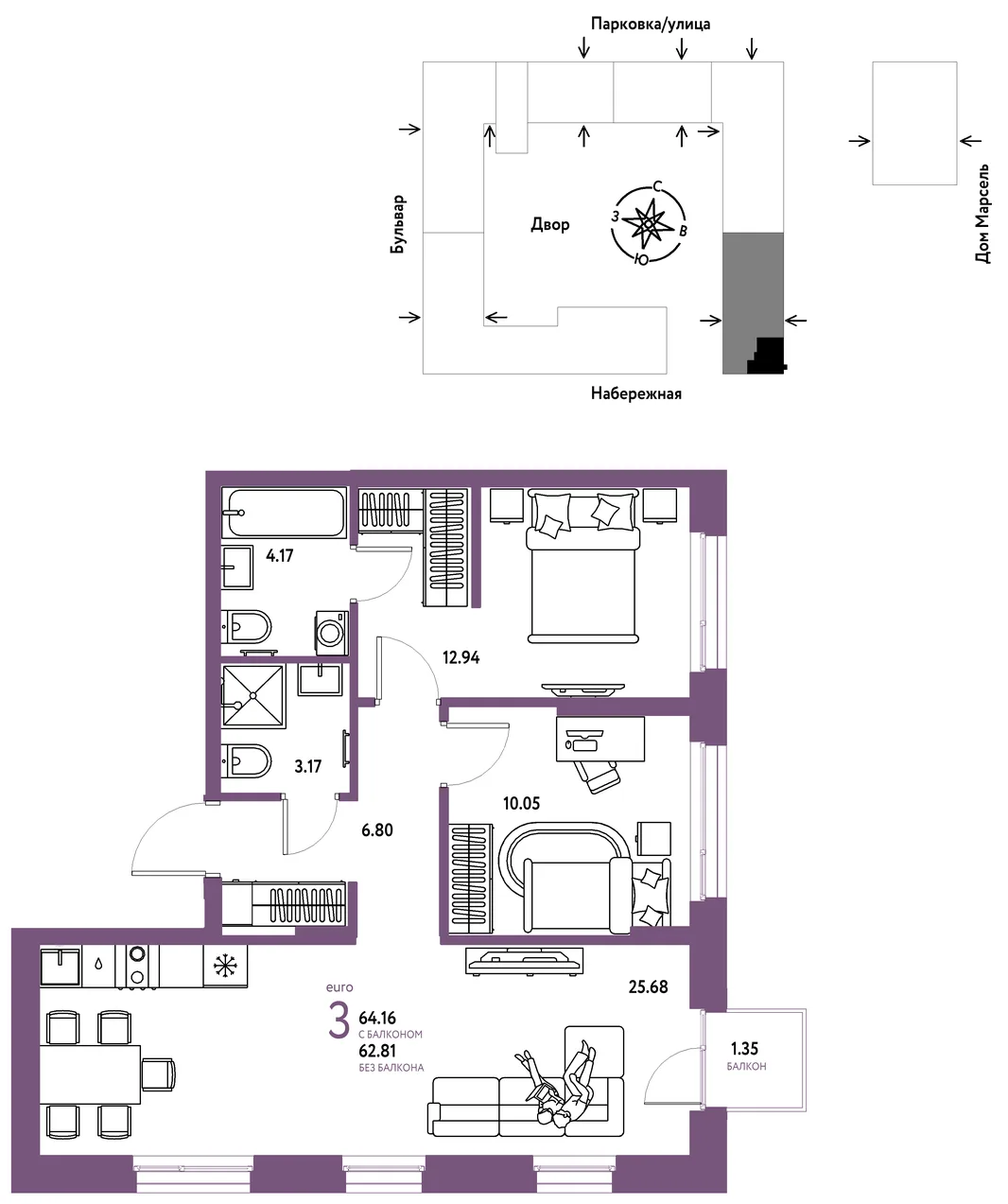 Планировка 3-комн. квартира, 64.16 м² ЖК «Европейский берег 2.0»