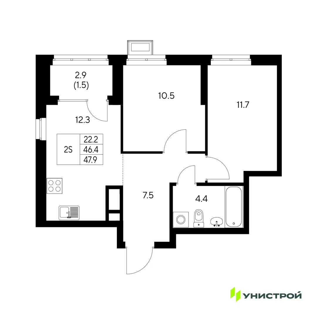 Планировка 2-комн. квартира, 47.9 м² ЖК «Стадиум»
