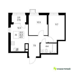 Планировка 2-комн. квартира, 47.9 м² ЖК «Стадиум»